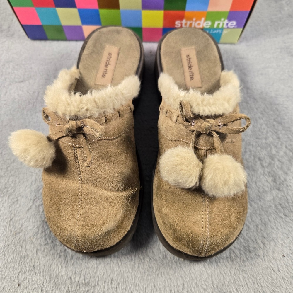 Stride Rite Tia Taupe Suede Platform Clogs Pom Pom Faux Fur Mules Girls 12M